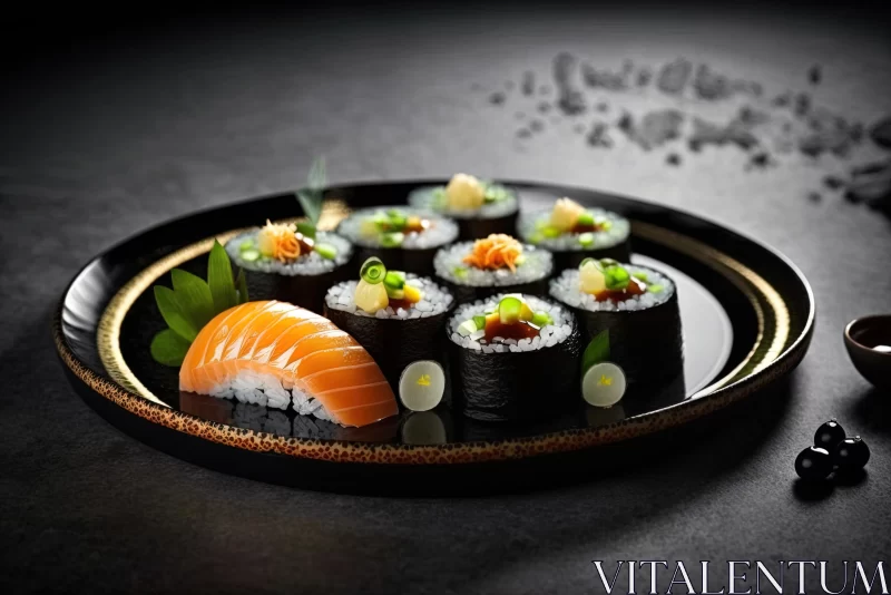 Exquisite Sushi Art on a Dark Black Plate AI Image