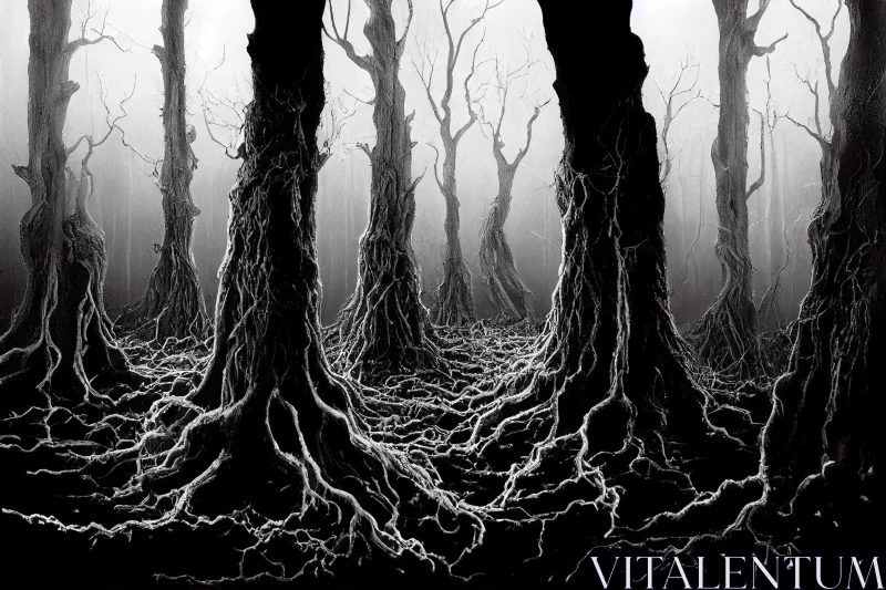 Mystical Forest Drawing: Haunting Black and White Illustration AI Image