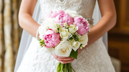 Elegant Bride with Bouquet and Wedding Dress