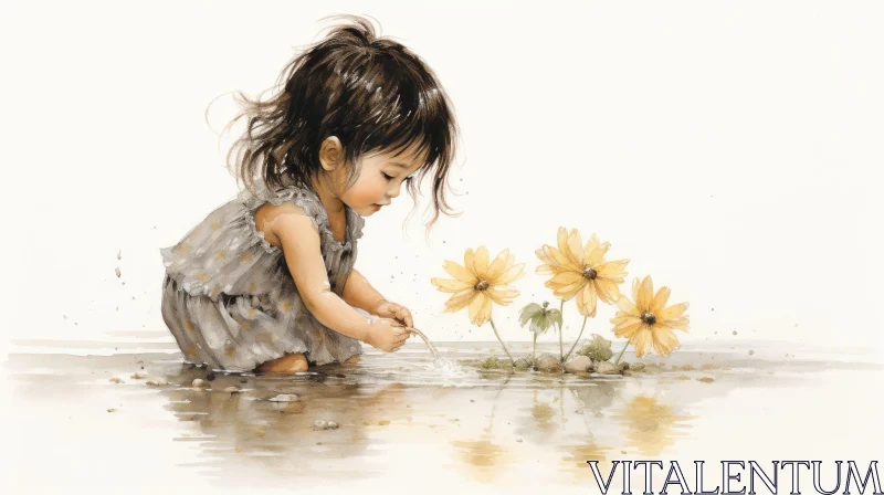 AI ART Joyful Watercolor Painting of a Girl Playing in a Puddle