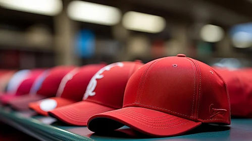 Red Baseball Caps Close-up on Green Table
