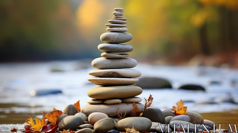 Riverbank Stones Stack - Tranquil Nature Scene AI Image