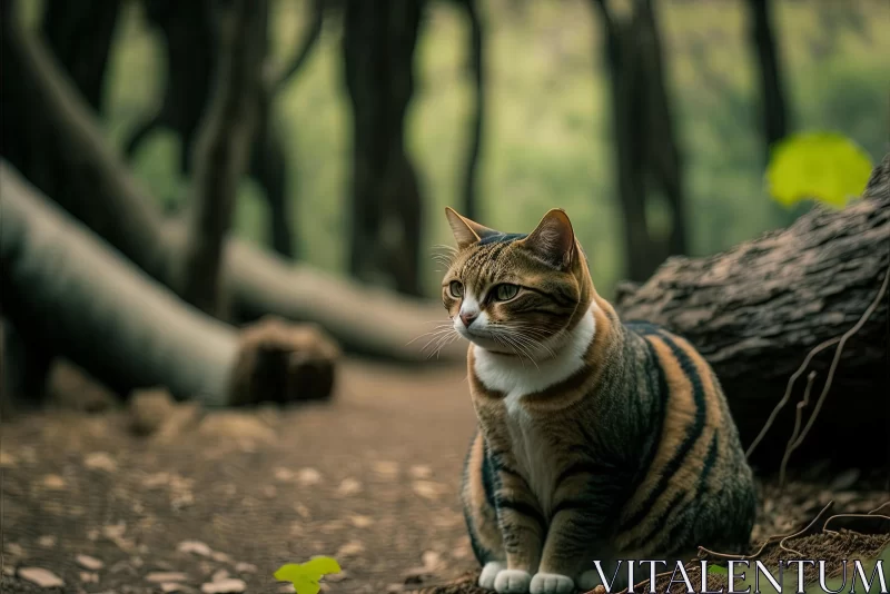 Striped Cat in the Woods: Serene and Realistic Photography AI Image