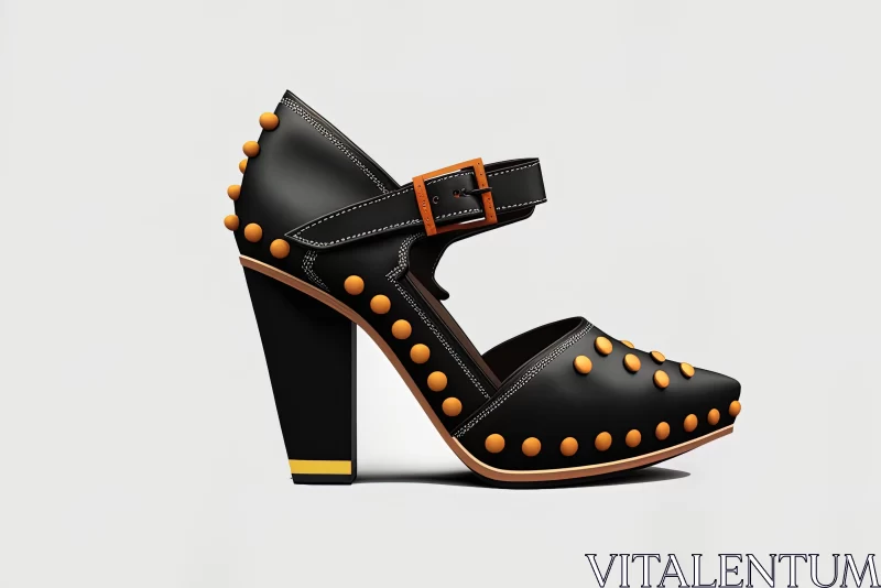Black Leather High Heel Shoe with Orange Studs - Realistic and Hyper-Detailed Design AI Image