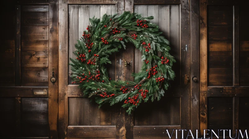 Christmas Wreath on Wooden Door - Festive Home Decor AI Image