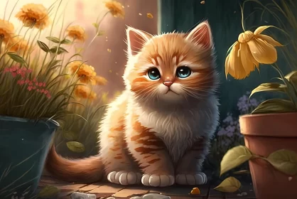 Cute Orange Kitten in Flower Pots - Lively Nature Scene