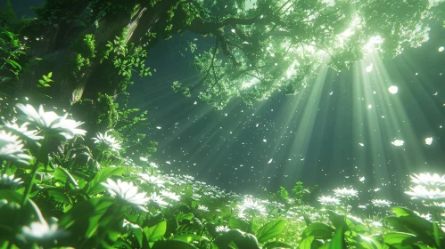 Enchanting 3D Forest Rendering with Sunlight and Flowers