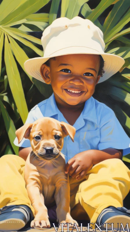AI ART Joyful Encounter in Green Nature - Young Boy and Puppy