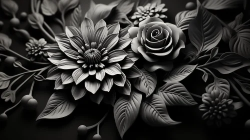 Monochrome 3D Floral Arrangement with Roses and Dahlias