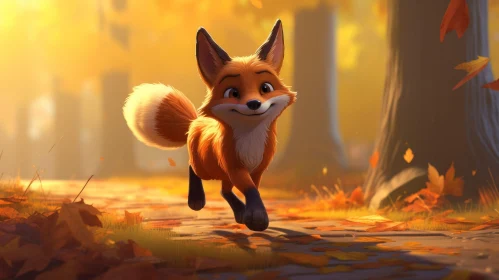 Red Fox Cartoon Illustration in Autumn Forest