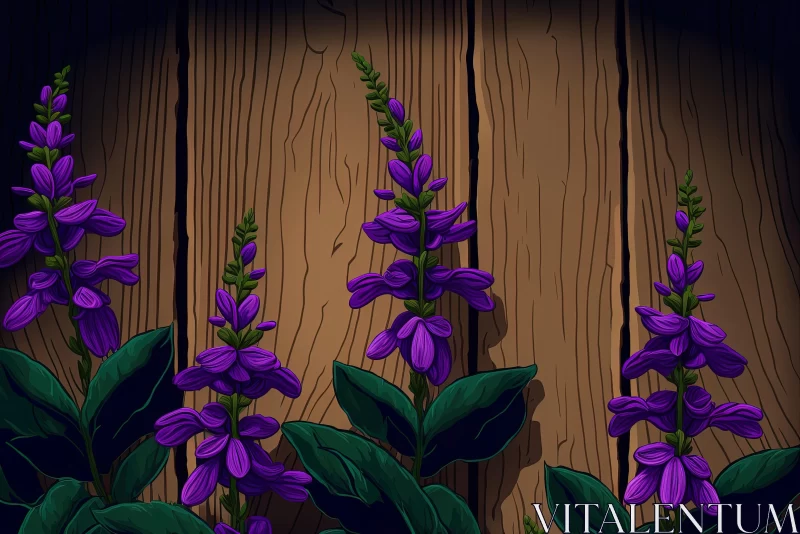 Rustic Fence with Purple Flowers - Vibrant Comic Book Style Illustration AI Image