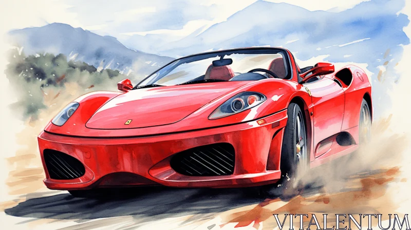 Captivating Watercolor Painting of a Red Sports Car in Mountainous Landscape AI Image