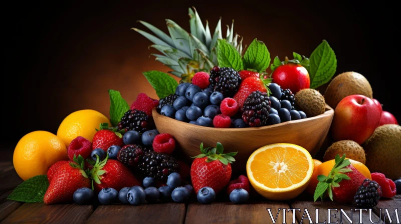 Colorful Berries and Citrus Fruits in Wooden Bowl AI Image