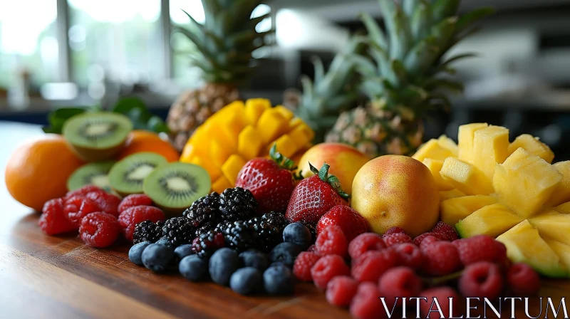 Colorful Fresh Fruits on Wooden Table AI Image