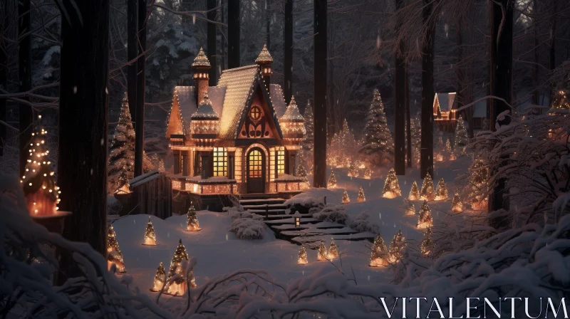 Enchanting Snow-Covered Forest Cottage Scene AI Image