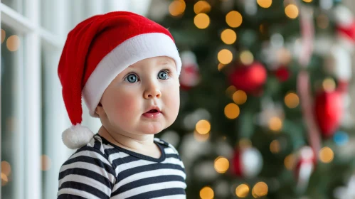 Festive Baby in Red Santa Hat with Christmas Tree Background