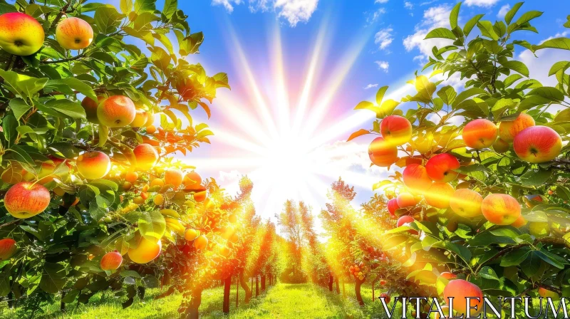 Summer Day in Apple Orchard: Sunlight, Ripe Apples, Green Leaves AI Image