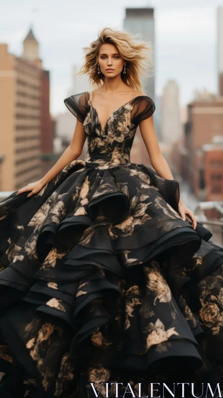 Urban Fashion: Model in Black and Gold Floral Ball Gown AI Image