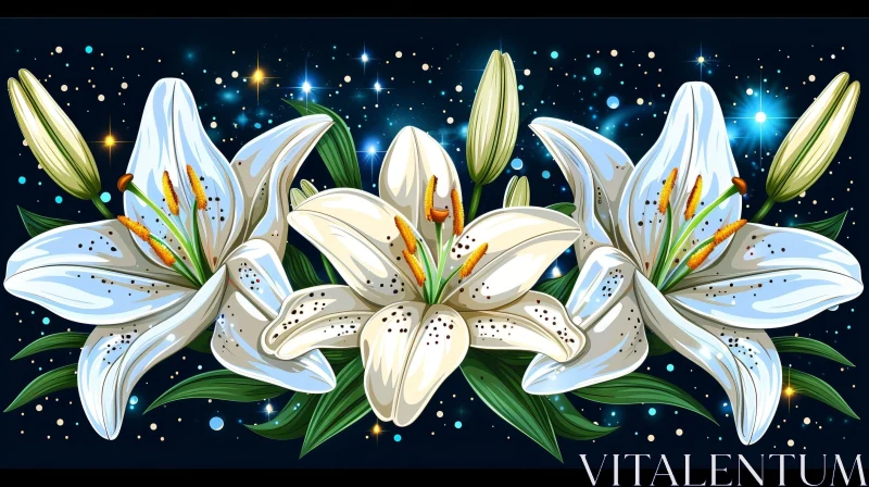 AI ART White Lilies on Dark Blue Background