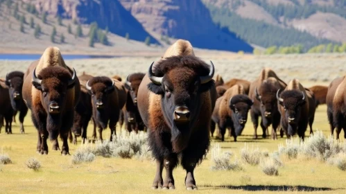 American Bison Herd Grazing in Grassy Field