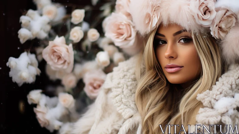 Chic Woman in Fur Hat and Pink Roses AI Image