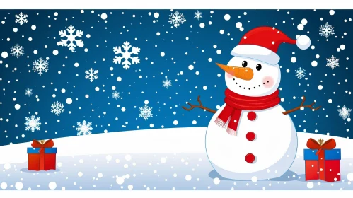 Festive Snowman and Presents in Winter Scene