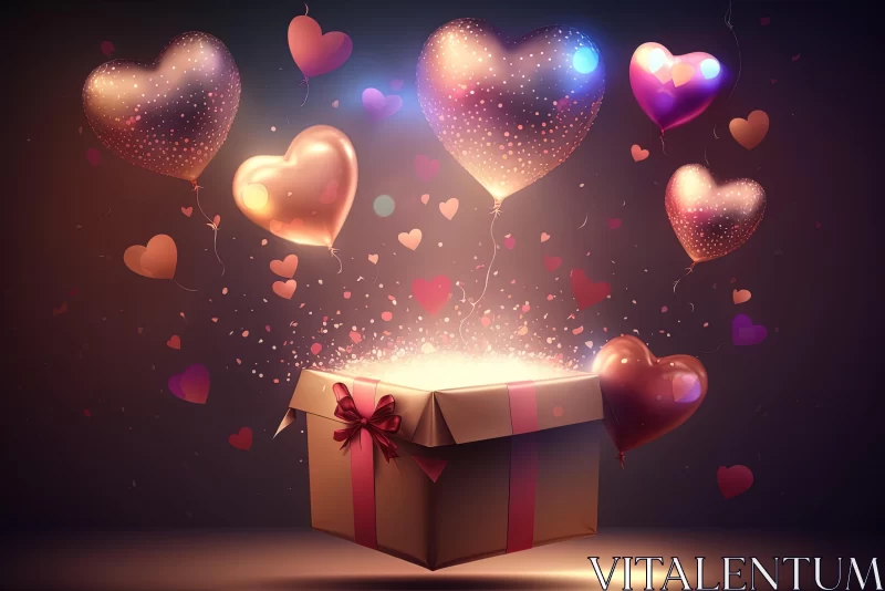 Vibrant Valentine's Day Art: Balloons and Heart Presents Floating Around Gift Box AI Image