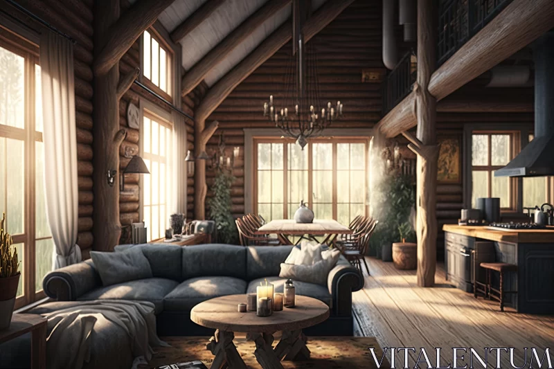 Captivating Log Cabin Living Room: Atmospheric and Photorealistic AI Image