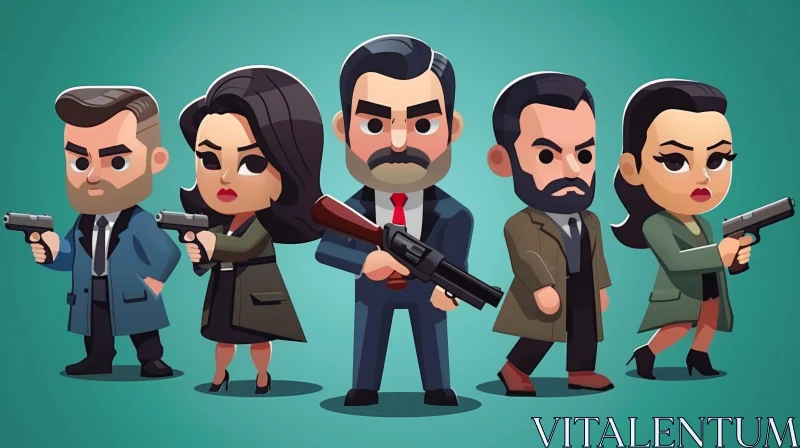 AI ART Cartoon Characters in Suits Holding Guns