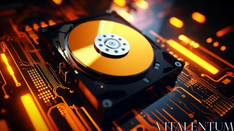 Close-up Hard Disk Drive (HDD) with Orange Glow AI Image