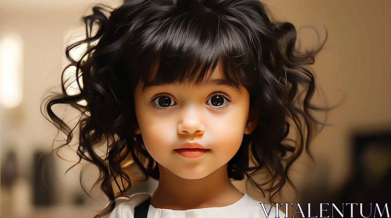 Close-Up Portrait of Young Girl with Dark Curly Hair AI Image