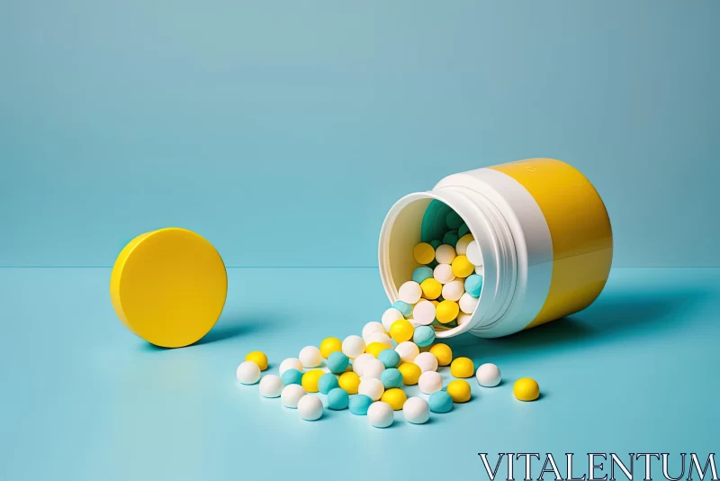 Colorful Pills on Blue Table - Contemporary Candy-Coated Art AI Image