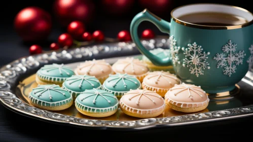 Festive Sugar Cookies and Tea on Silver Tray