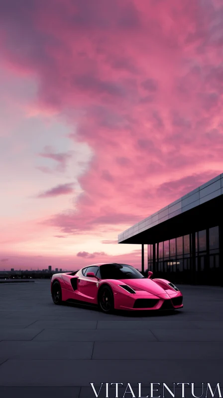 Pink Lamborghini Sports Car Parked in Front of Skyline AI Image