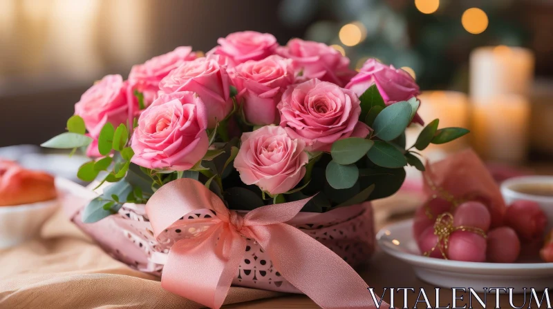 Pink Roses Bouquet in Vase - Elegant Floral Arrangement AI Image