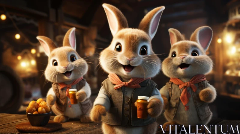 Whimsical Scene: Three Rabbits in a Tavern AI Image