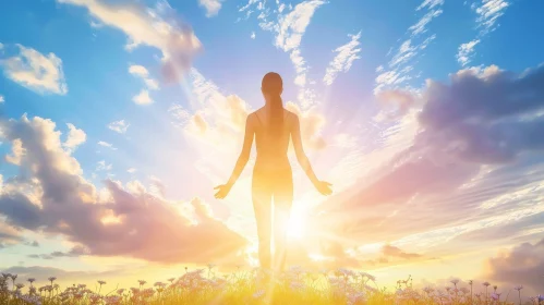 Young Woman in Field of Flowers at Sunset