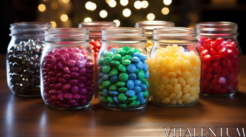 Colorful Candies in Glass Jars on Wooden Table AI Image