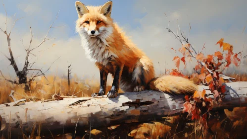 Red Fox Painting on Log - Realistic Wildlife Artwork