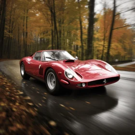 Red Sports Car Driving Down Road in Autumn | Vintage Elegance