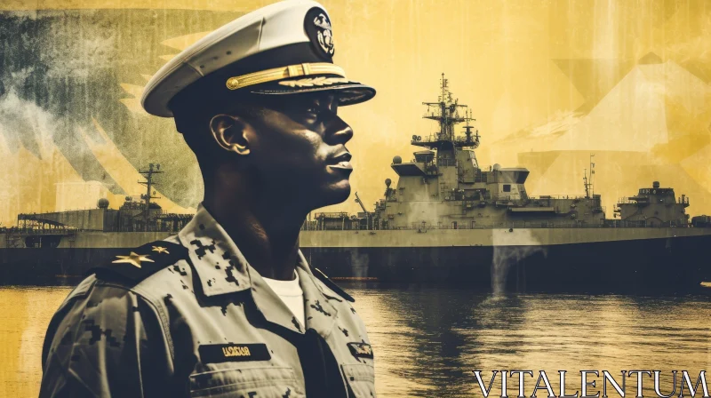Serious Black Male Naval Officer in Front of Grey Warship AI Image