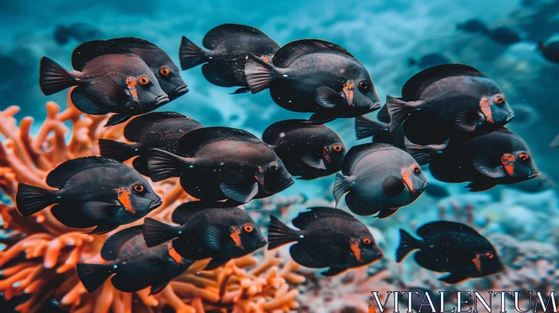 Underwater Marine Life - Black Fish and Colorful Coral Reef AI Image