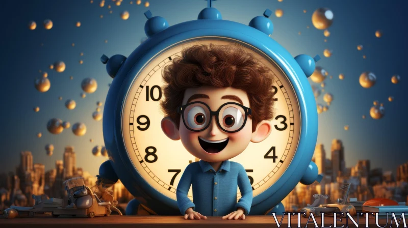 AI ART Boy in Glasses 3D Illustration with Clock in Cityscape