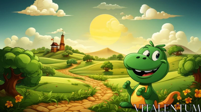 Cheerful Cartoon Landscape with Green Dinosaur and Castle AI Image
