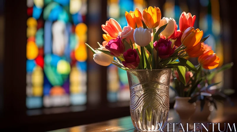 Colorful Tulip Still Life with Stained Glass Background AI Image