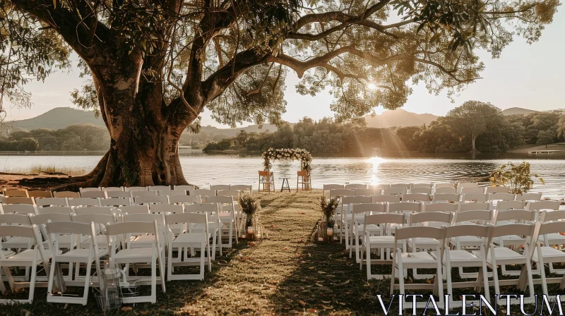 Outdoor Wedding Ceremony Setup by the Water at Sunset AI Image