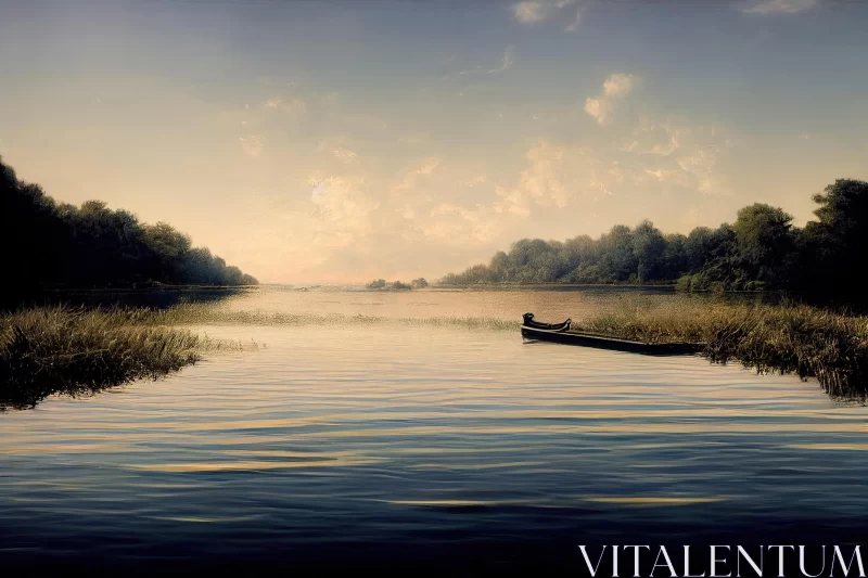 Tranquil Lake Painting: Peaceful Boat Scene in Soft Tonal Colors AI Image