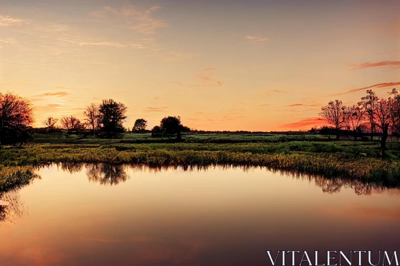 Tranquil Sunset Over Pond in Grassy Field - Panoramic Scale Dutch Landscape AI Image