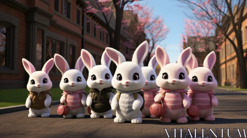 Adorable Cartoon Rabbits in Different Outfits on Street AI Image