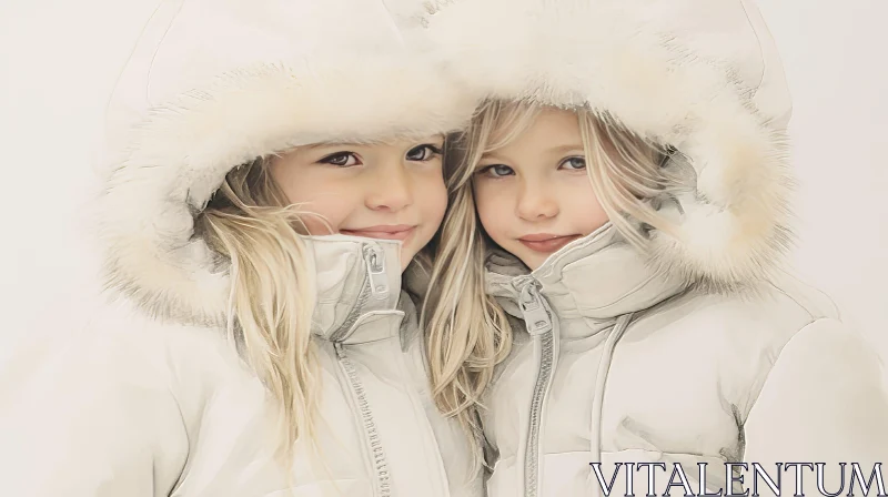 Adorable Girls in White Winter Coats | Smiling Children Photo AI Image